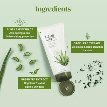 The Face Shop Herb day Cleansing Foam 170 ml | Face wash with aloe and green tea extracts | Face Wash for Dry Skin | Face wash that hydrates skin & maintains PH Level | Korean Skin care Products